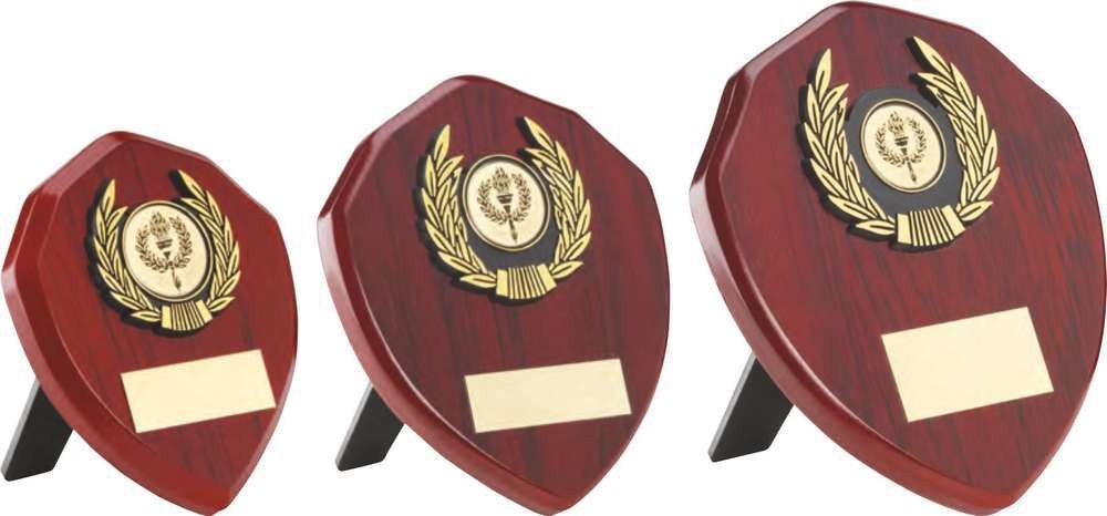 Rosewood Shield And Gold Trim Trophy